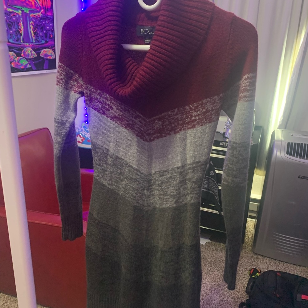 BCX Women's Burgundy and Gray Cowl Neck Sweater Dress